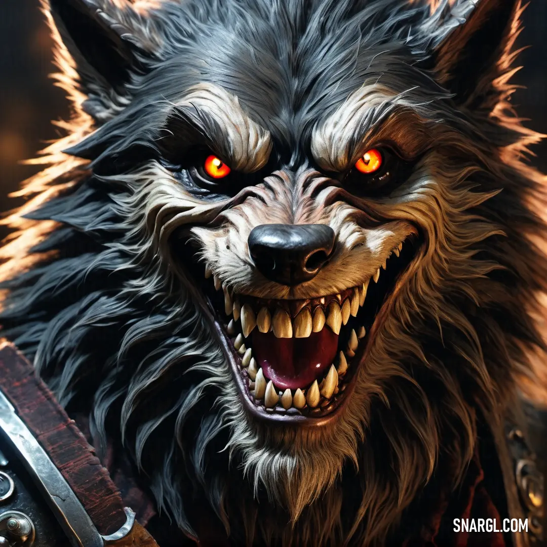 Wolf with a sword and a Lycanthrope like face with red eyes and fangs on it's face