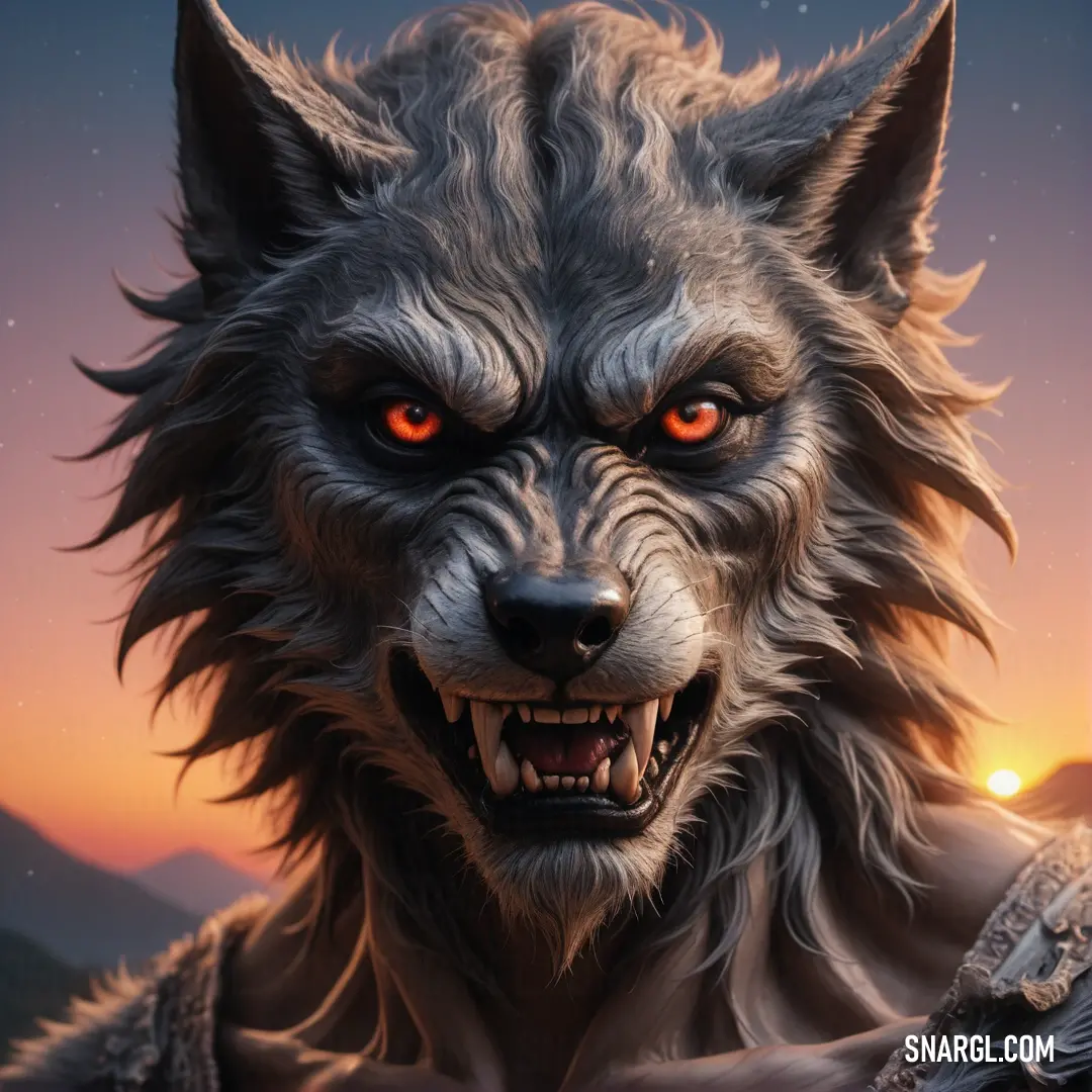 Wolf with red eyes and a large head with a sword in his hand and a mountain in the background