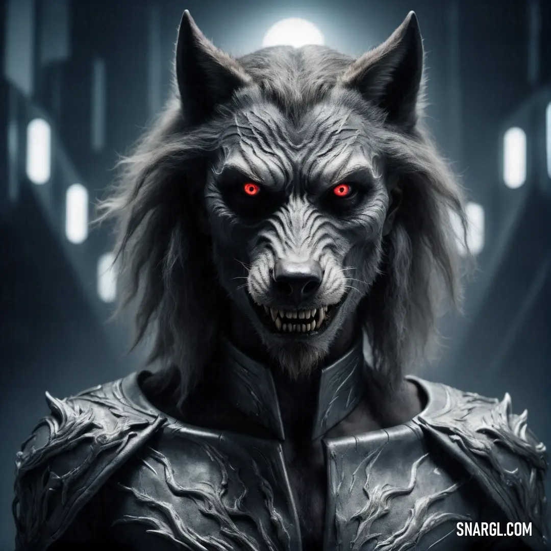 Wolf with red eyes and a helmet on is in a dark room with lights