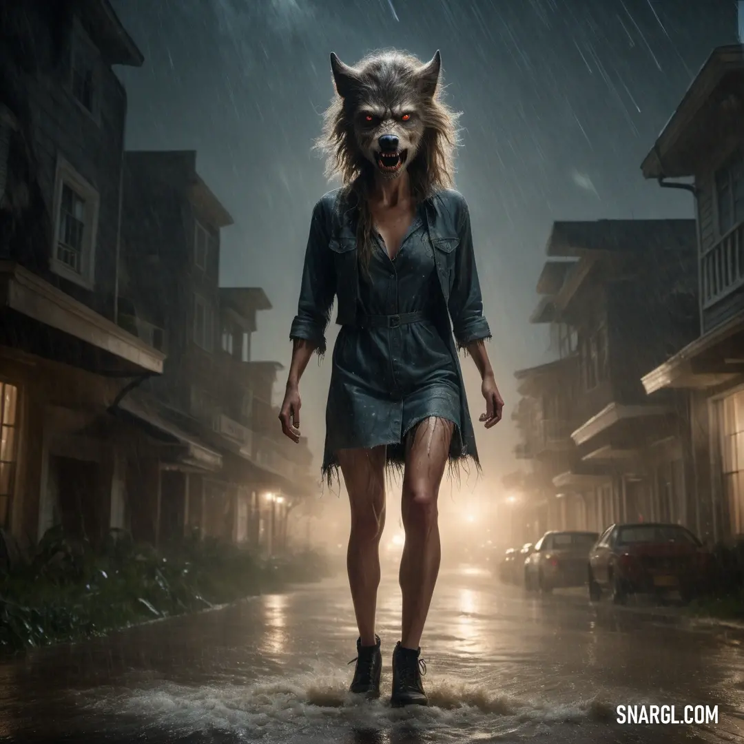Lycanthrope walking down a street in the rain with a wolf mask on her head