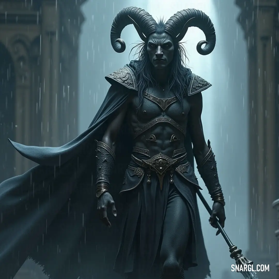 Lycomedes, dressed in black with horns and a sword, stands poised in a cape, exuding strength and readiness for any challenge. Lycomedes stands confidently in a black outfit, his face partially hidden beneath a cape. His horns add a menacing touch to his appearance, and his sword is held firmly in hand, ready for battle. His attire and stance suggest a figure of authority and pow