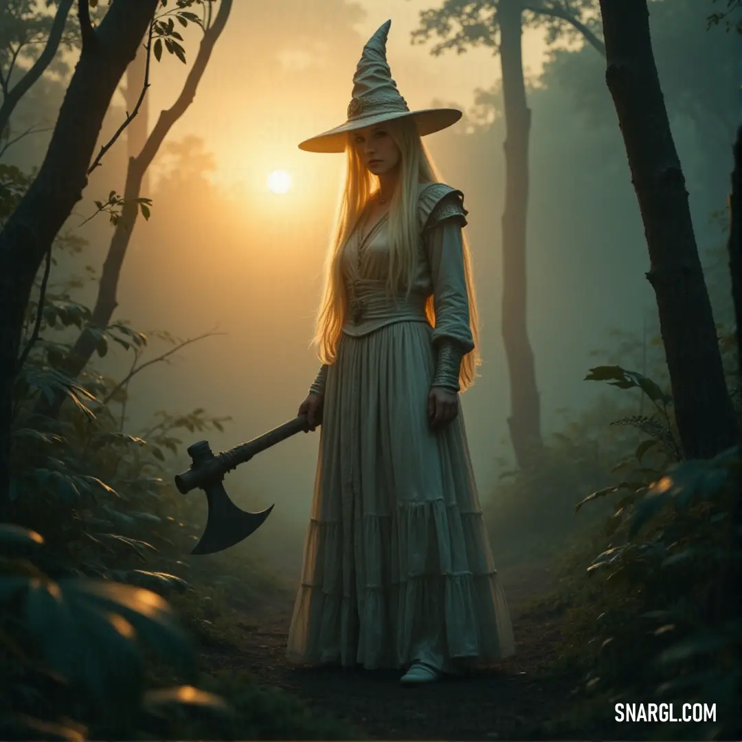 A wizard in a flowing costume, gripping a large axe, stands at sunset in a forest, with sunlight streaming through the trees. A powerful woman dressed in a wizard’s costume, holding a large axe, standing in a forest at sunset with golden sunlight filtering through the trees.