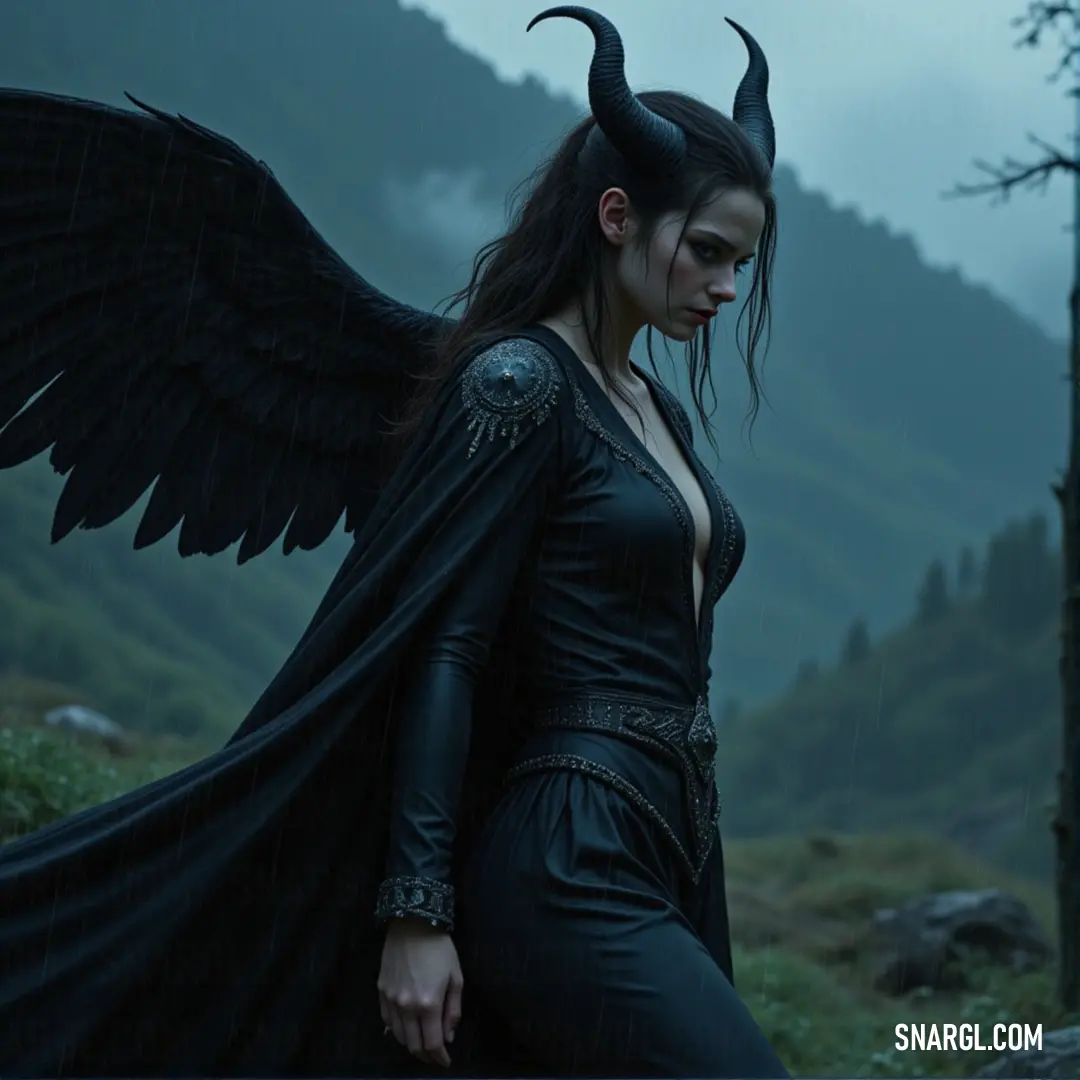 Lyra, with wings and horns, stands in the rain, with a misty mountain backdrop, radiating resilience. Lyra, wings spread wide and horns framing her face, stands amidst a torrential downpour. Behind her, a towering mountain rises through the mist, adding an air of mystery to the scene. Her strong presence contrasts with the wild weather surrounding her.
