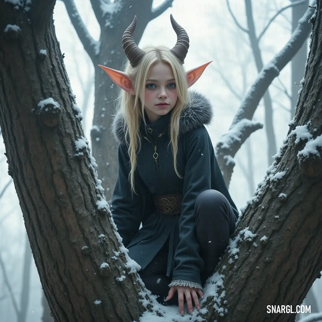 Nestled within the branches of a snow-clad tree, a figure with delightful horns captures the essence of winter's magic, as fluffy snow crowns her head, blending seamlessly into the enchanting landscape around her. Perched on a snow-laden tree, a figure with charming horns exudes a whimsical aura, her fur-adorned ears adorned with soft snow, embodying the enchanting spirit of winter amidst a world transformed by white.