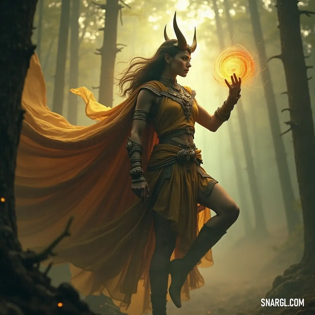 A captivating figure in a whimsical costume holding a shimmering orb in a serene forest illuminated by soft sunlight. A captivating character, dressed in a whimsical costume, holds a glittering orb in a tranquil forest, where gentle rays of light filter through leaves, enhancing her mysterious allure adorned with playful horns atop her head.