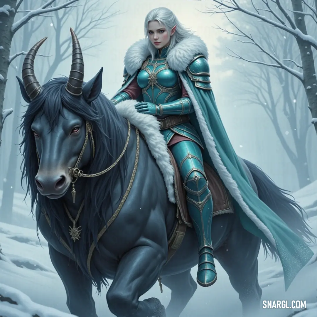A dynamic figure in blue attire rides a majestic black horse through a stunning snowy landscape, the winter's chill evoking a sense of adventure. A dynamic character dressed in rich blue attire commands attention while riding a striking black horse through a snowy landscape, radiant white fur collar framing the grace and power of both rider and steed in the winter's chill.