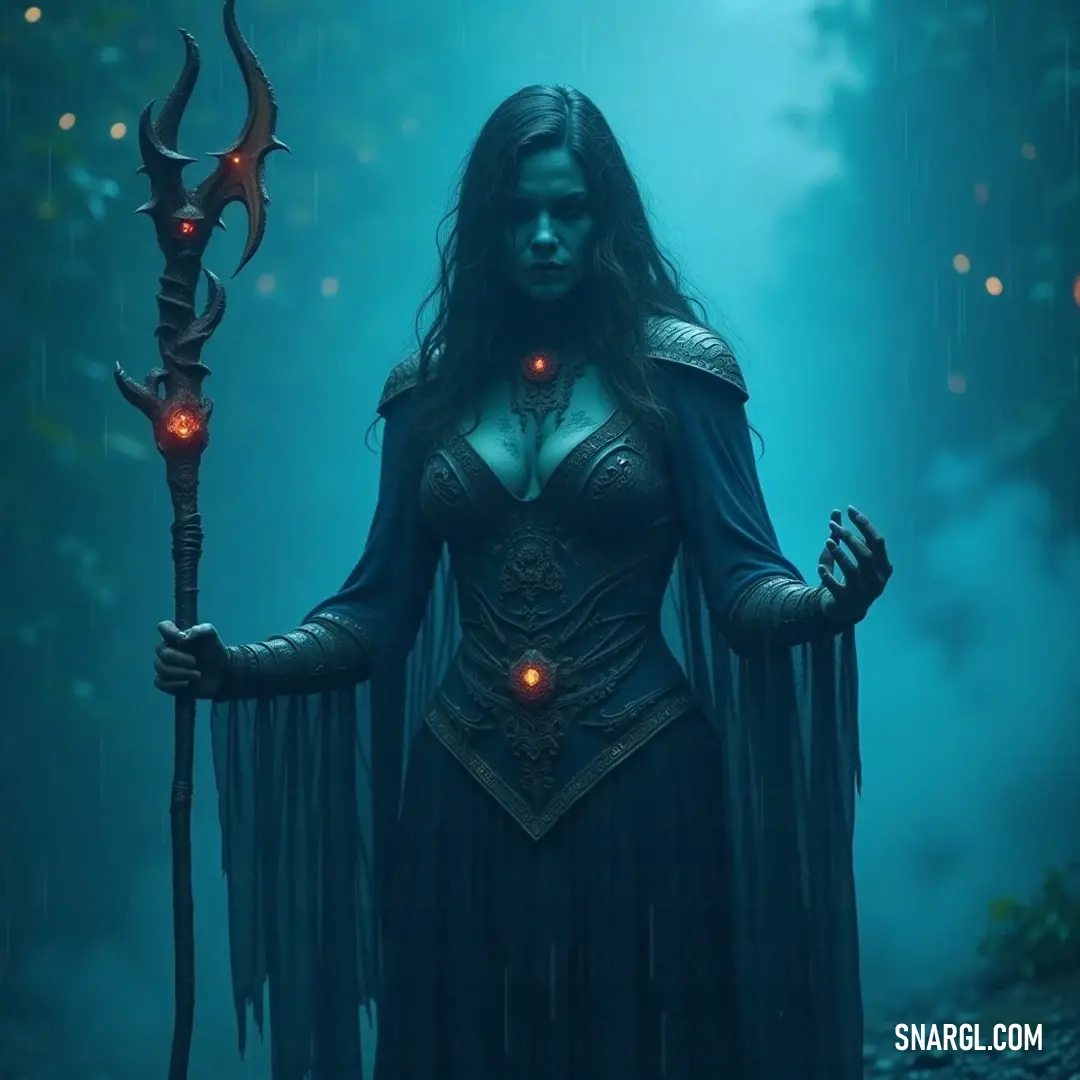 An enigmatic Mabel in a dark costume, wielding a staff with glowing eyes, standing resilient in the rain, an embodiment of mystical charm. An intriguing figure named Mabel, clad in a dark costume with a menacing staff, her glowing eyes radiate an eerie light as rain cascades around her, enhancing her mystical presence.