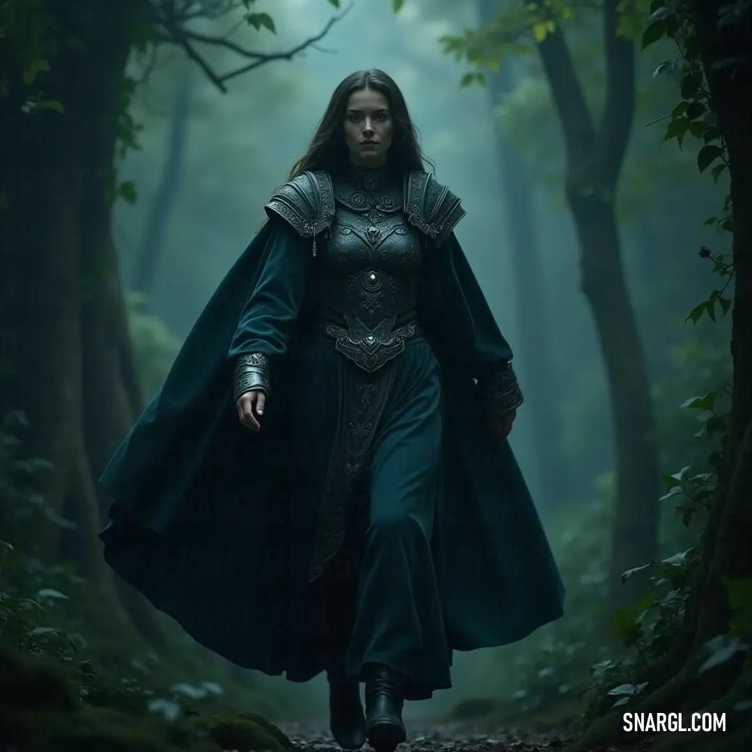 A wandering spirit: exploring nature's beauty draped in green. Adorned in a flowing green dress and coat, a woman walks gracefully through a picturesque forest, surrounded by colorful autumn leaves underfoot, evoking a feeling of serenity and a deep connection to nature.