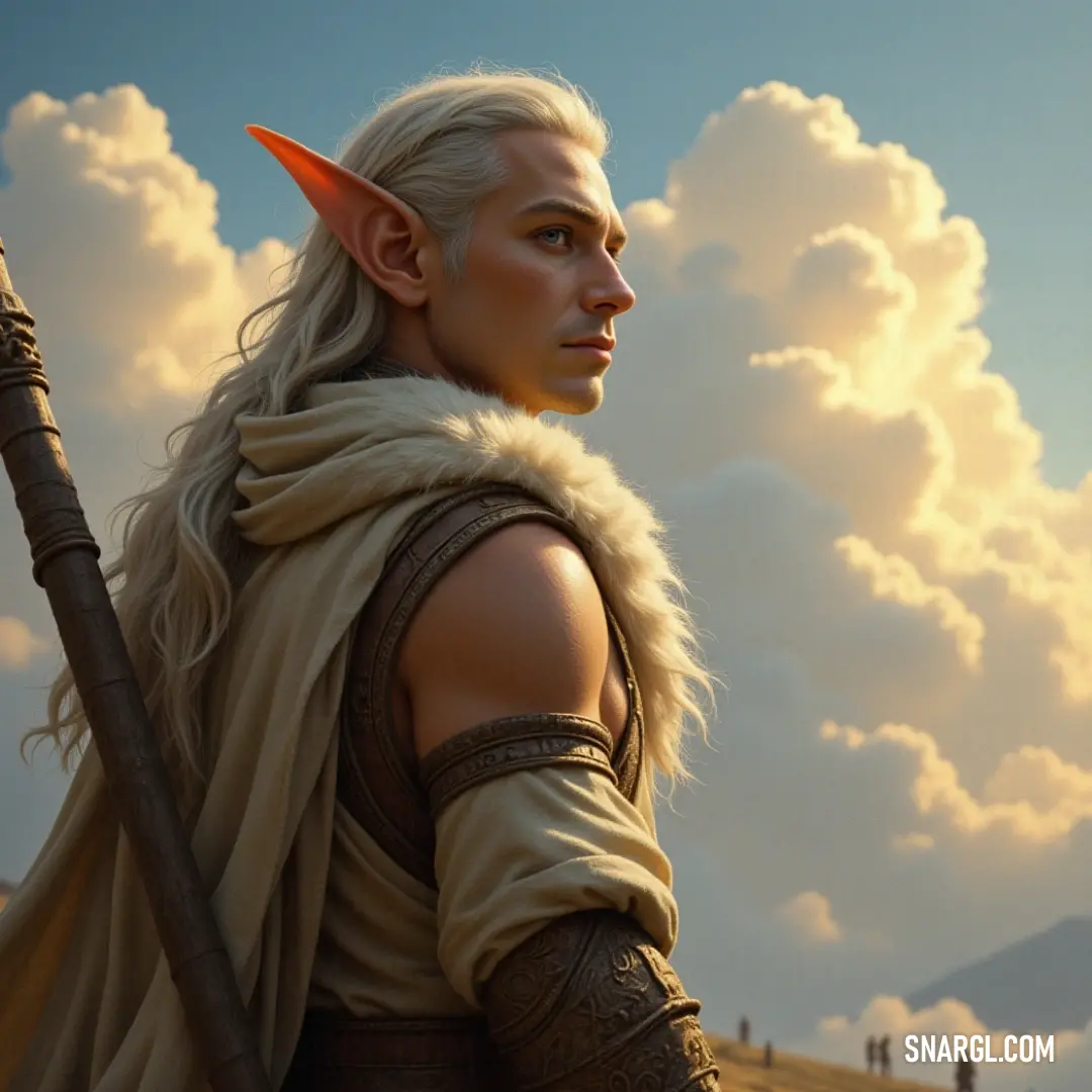 A majestic figure adorned in a flowing costume holds a mystical staff against a dramatic cloudy sky and a towering mountain, symbolizing wisdom and the connection to nature's grandeur.