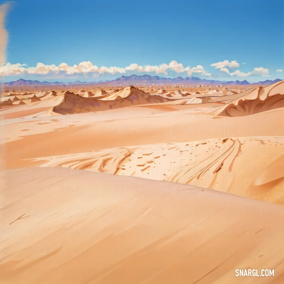 Desert landscape with sand dunes and mountains in the distance with clouds in the sky above it and a blue sky