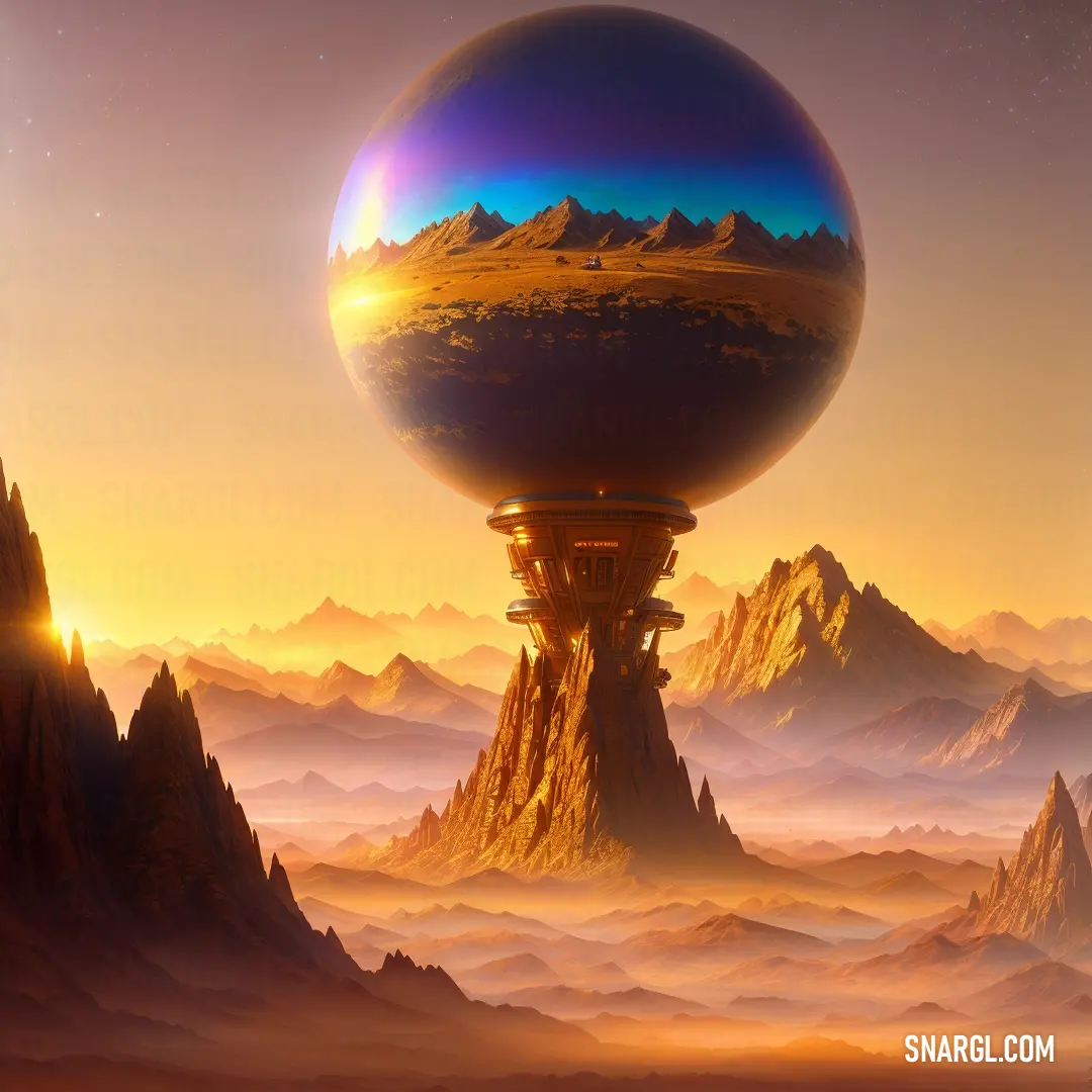 Painting of a mountain landscape with a giant sphere in the middle of it