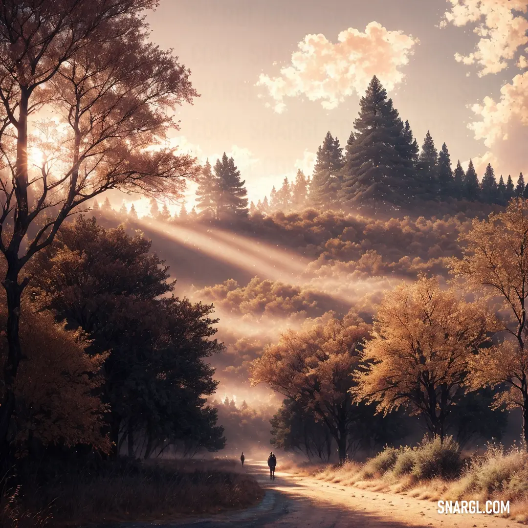 Person walking down a road in the woods with a light beam coming from the trees on the side