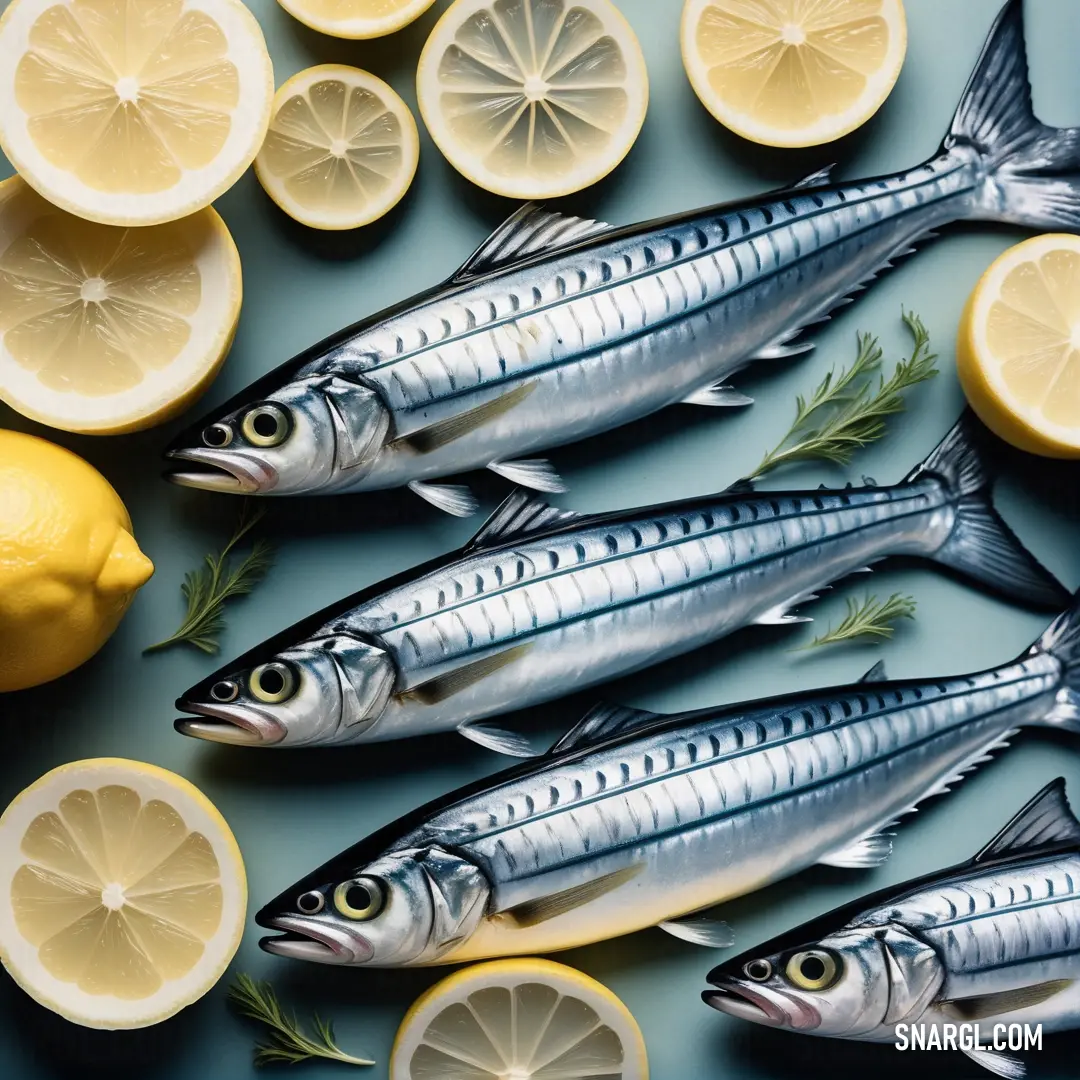 Group of fish on top of a table next to lemons and lemon wedges on a table, Christian W