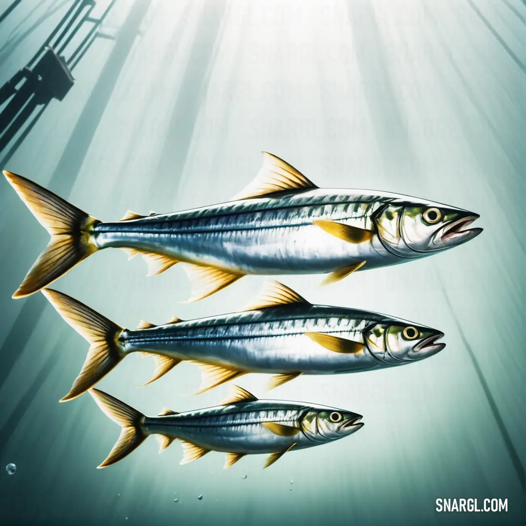 Three fish swimming in the water with a light shining on them and a power pole in the background