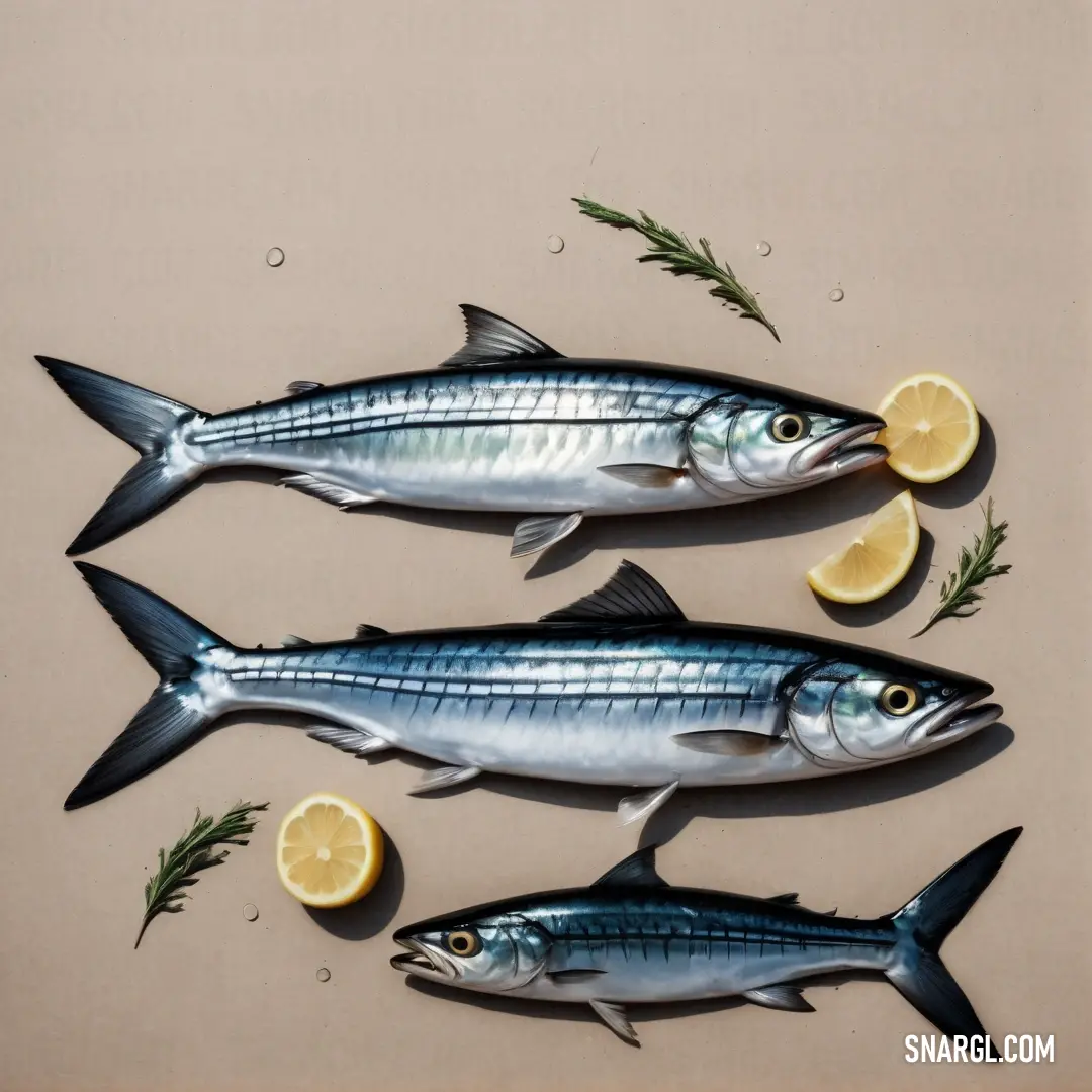 Three fish with lemon slices and rosemary on a beige background