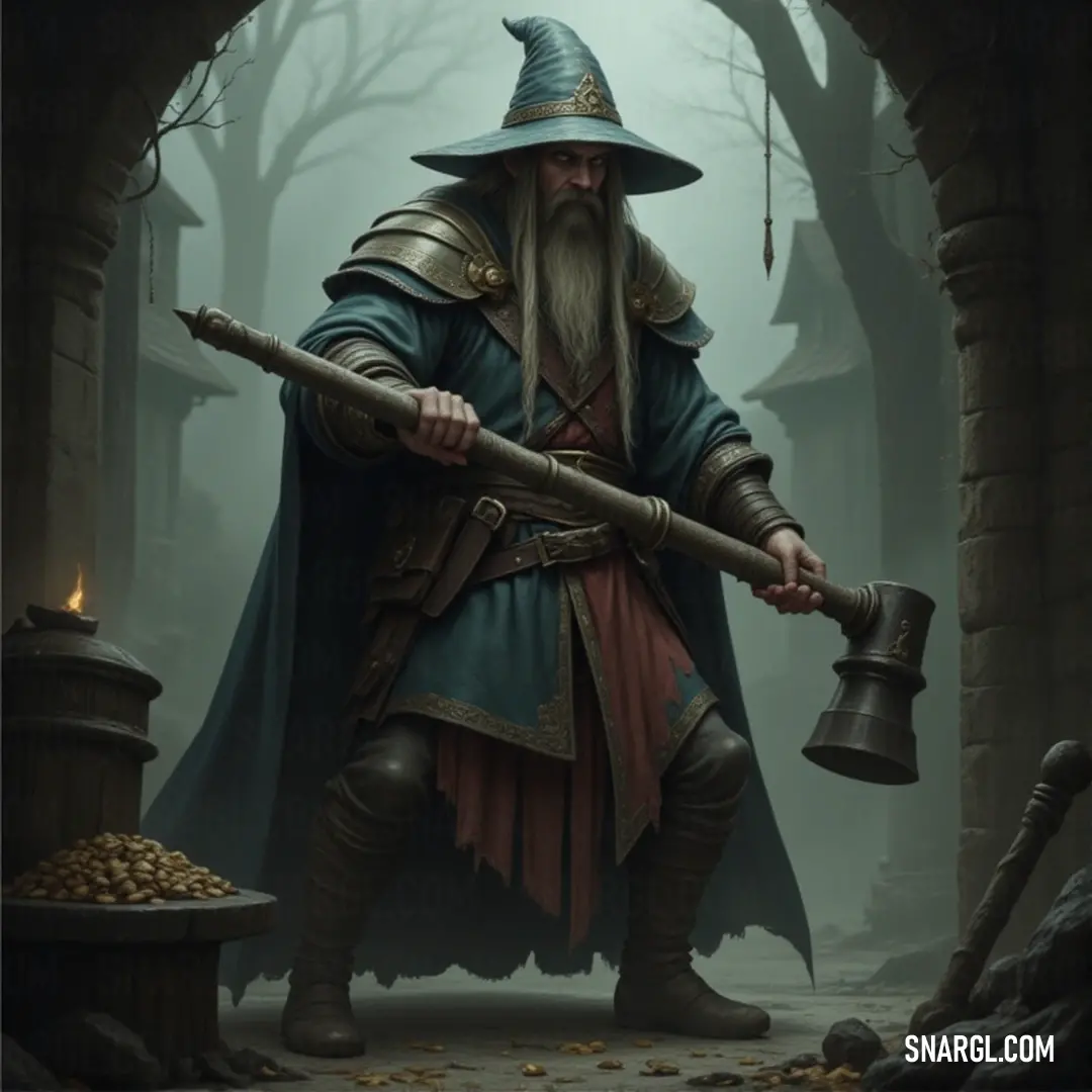 A wizard, his hat towering and his hammer crackling with power, stands ready for battle. With every swing, his hammer harnesses magical energy, ready to defend the world from danger. A wizard, wearing a large hat and holding a mighty hammer, stands in a powerful pose. His hammer crackles with magical energy, ready to strike down any foe that crosses his path, a protector of the realms.