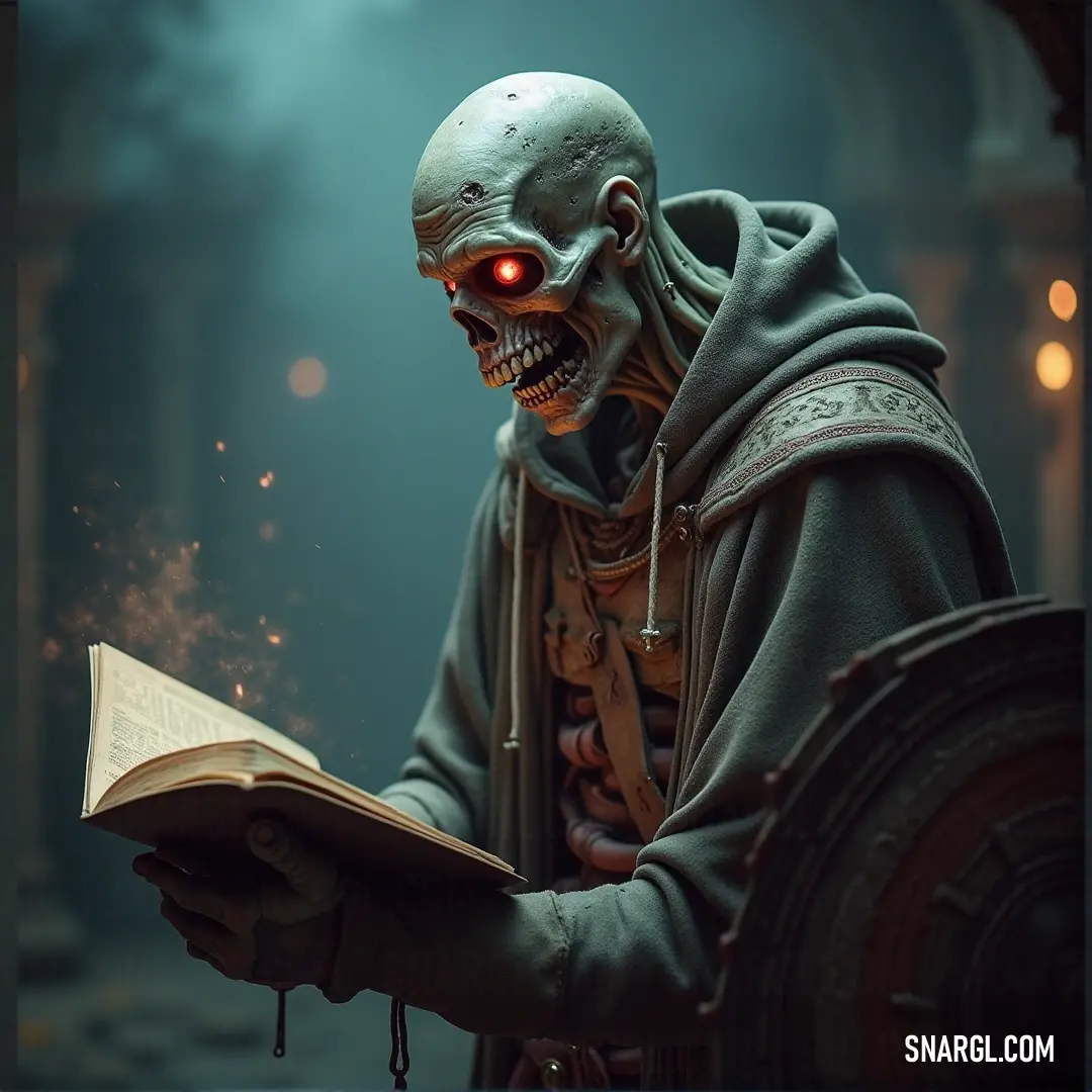 A decaying zombie clutching an old book with a chilling stare, its presence as unsettling as the pages it holds. A zombified figure, holding a worn book with an eerie intensity, stands motionless, its decaying face betraying no emotion but hunger. Its presence is both foreboding and unnerving.