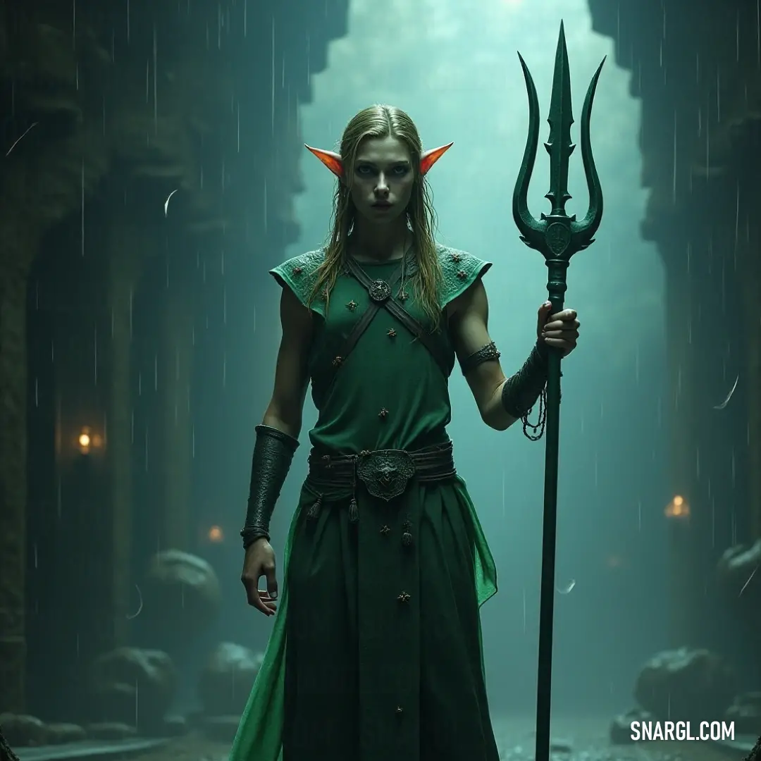 Maedhros, dressed in an alluring green costume adorned with horns and a whimsical hat, holds a large metal staff. Surrounded by nature's bounties, he exudes an aura of mystery and ancient power in this enchanted setting.