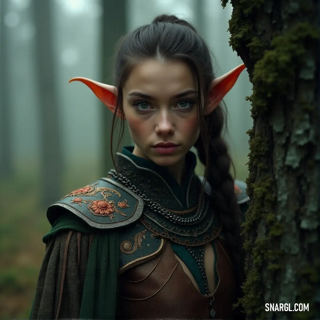 A mystical figure with horns and a green dress stands amidst a forest, the moss-covered tree trunk and vibrant surroundings enhancing the enchanted ambiance. A mysterious figure wearing horns and a flowing green dress stands in a magical forest, surrounded by towering trees. Moss covers an ancient tree trunk, adding an enchanting atmosphere to the scene.