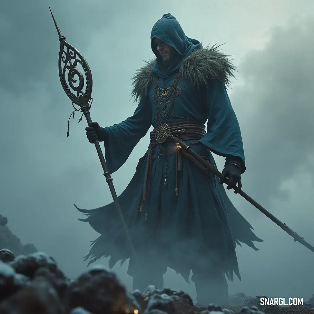 A valiant figure in a blue outfit, gripping a sword and shield, standing strong in a foggy terrain surrounded by ancient rocks. Armed with a sword and shield, a formidable figure in a deep blue outfit stands resolute in a fog-laden area, where rocky silhouettes silently watch over her, readying for an epic battle.