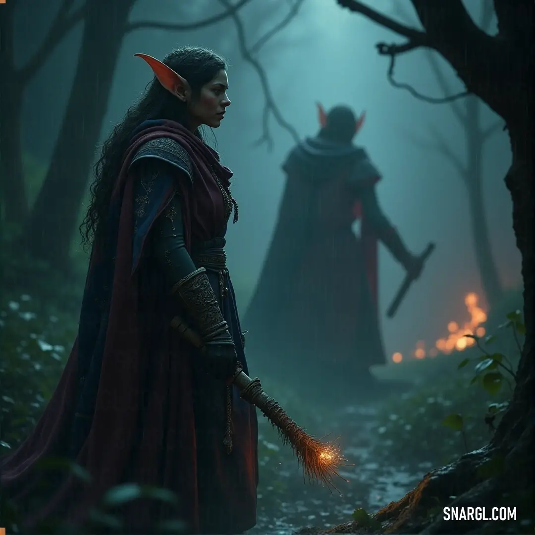 Maeryn Starwhisper and a cloaked companion stand side by side in a foggy forest, each holding a flickering torch. The ethereal glow of the flames contrasts against the shadows of the trees around them.