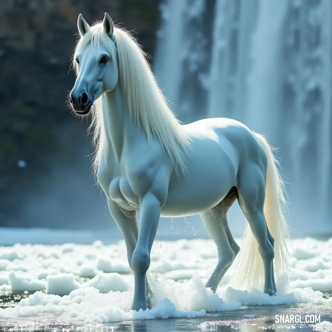 A stunning white Maeva stands in a snowy landscape near a majestic waterfall, her form contrasting beautifully against the winter's purity and nature's dynamic beauty. A stunning white Maeva stands in a snowy landscape near a majestic waterfall, her form contrasting beautifully against the pure white snow and the rushing waters cascading behind her, capturing the essence of winter's tranquility combined with nature's po