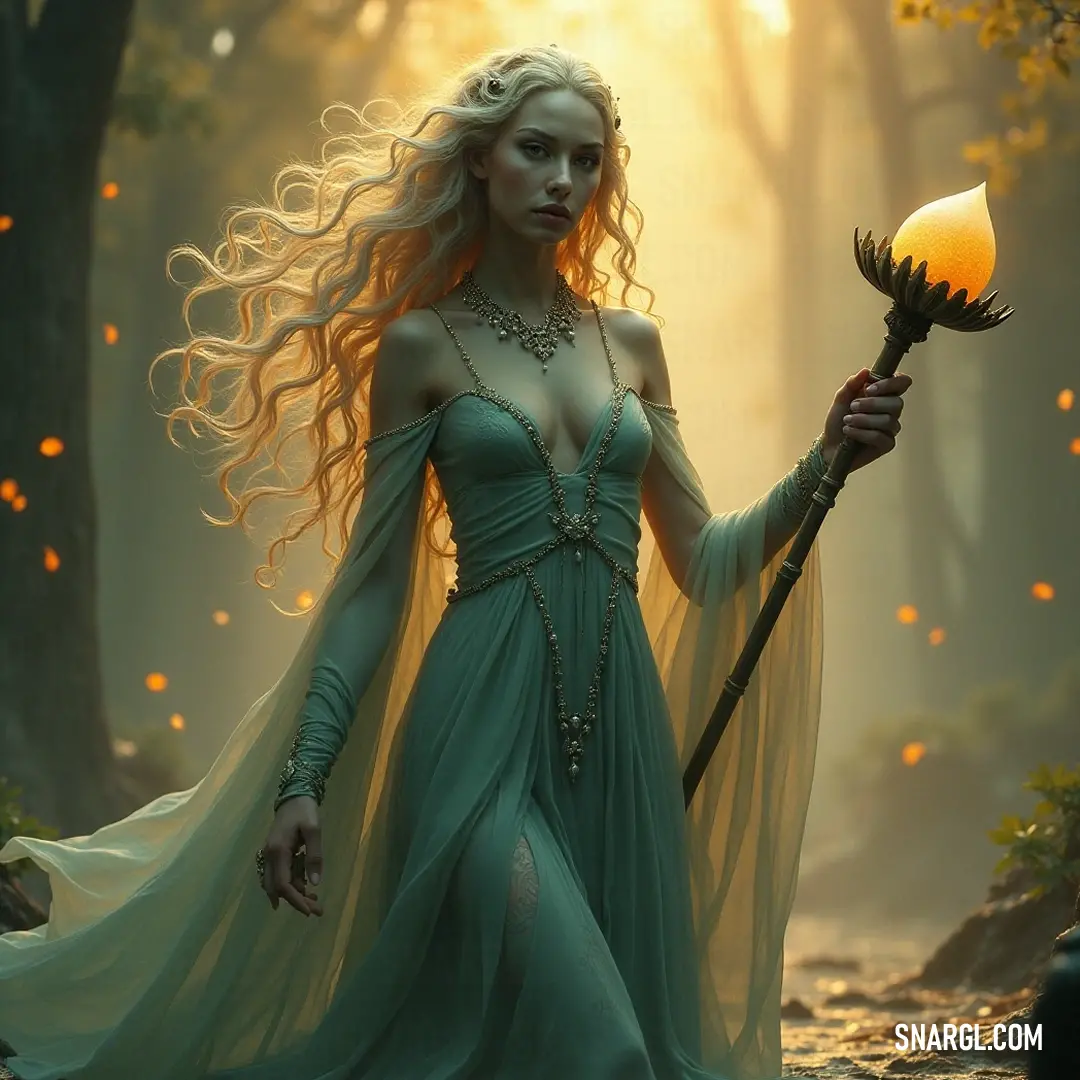 An enchanting figure in a flowing green dress illuminates the forest with a yellow candle, where sunlight dances among the leaves, crafting a scene of mystical allure. A graceful figure in a flowing green dress holds a vibrant yellow candle, poised elegantly amidst the forest's tranquility, where dappled light filters through the leaves, creating a magical atmosphere.
