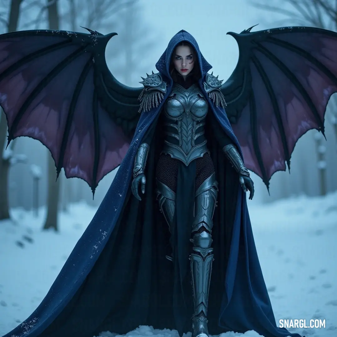 Magda, in a winged costume, stands in a snowy expanse, her arms outstretched as snowflakes drift around her. Magda, adorned in a hooded costume with elegant wings, stands in the midst of a snowy landscape. Her arms are outstretched as if embracing the cold air, with snowflakes swirling around her in the stillness of the winter world.
