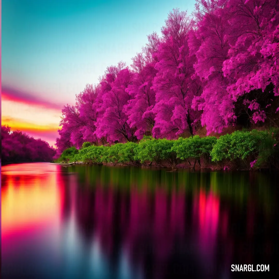 Beautiful pink tree line along the edge of a lake at sunset or dawn with a colorful sky reflected in the water