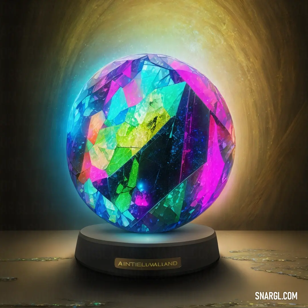Colorful crystal ball on a stand on a table with a light shining in the background