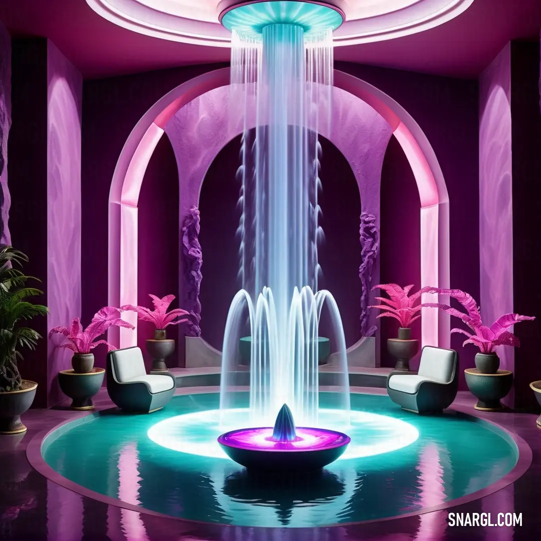 Fountain in a room with a pink ceiling and purple walls and a pink ceiling. Example of RGB 255,0,255 color.