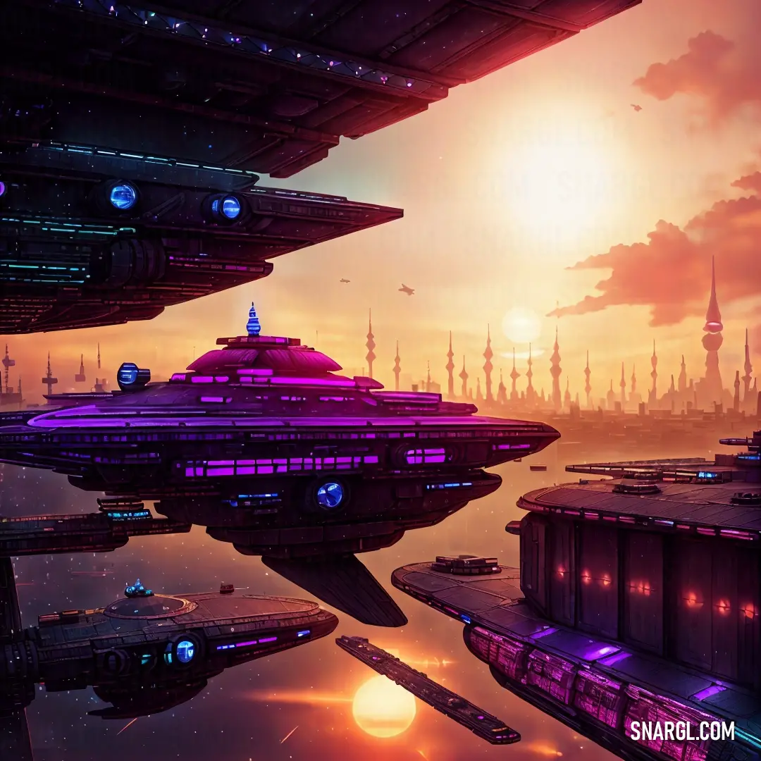 Futuristic city with a futuristic spaceship floating in the sky at sunset or sunrise