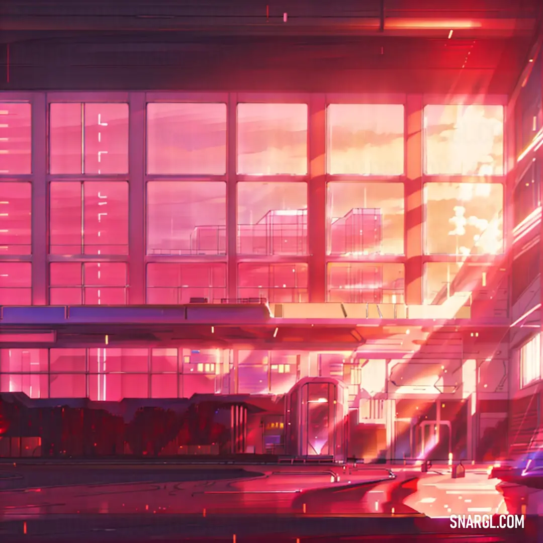 Futuristic city with a lot of windows and a red light coming from it's windows and a car parked in front of it