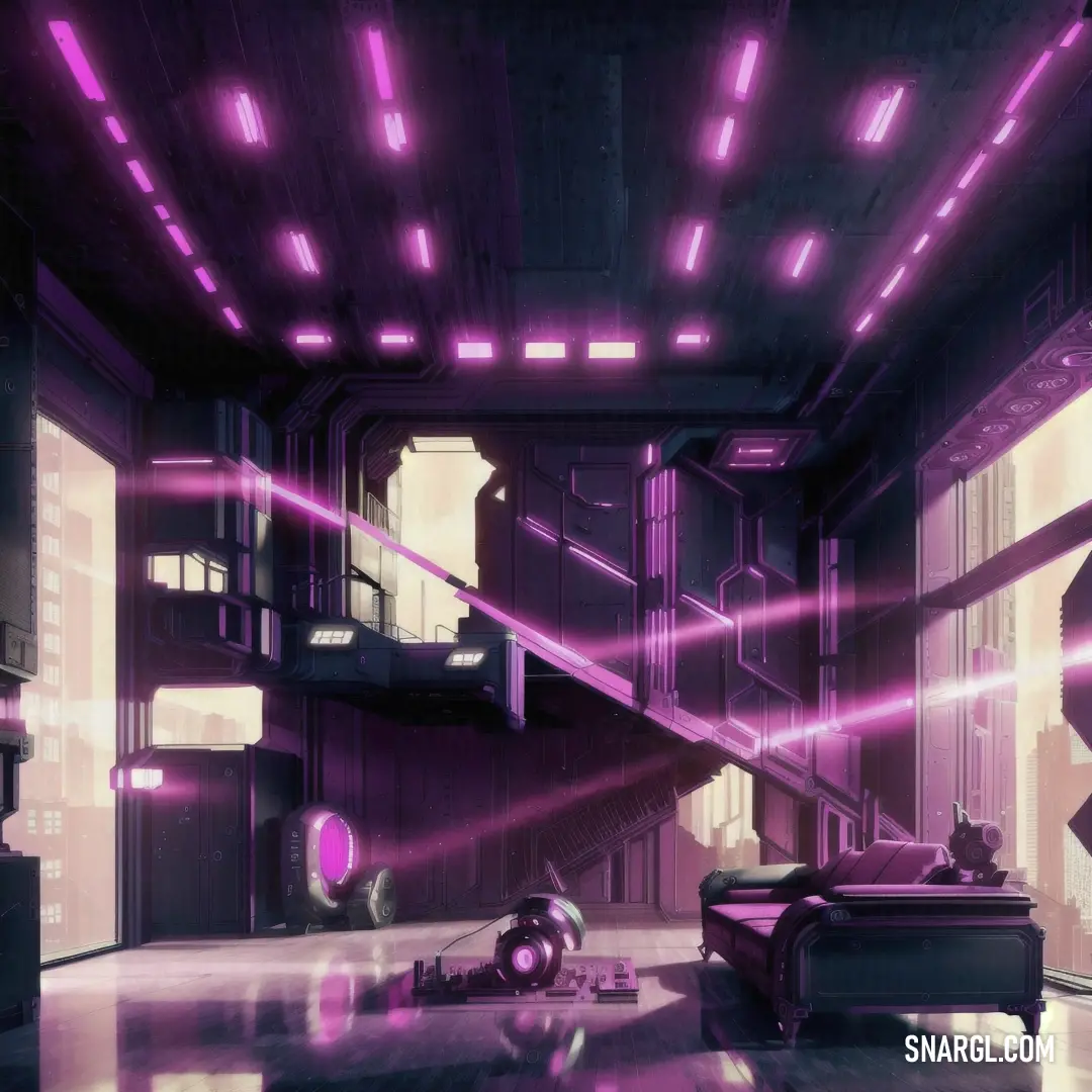 Futuristic looking room with a couch and a table in it with lights on the ceiling and a staircase. Color RGB 255,0,255.