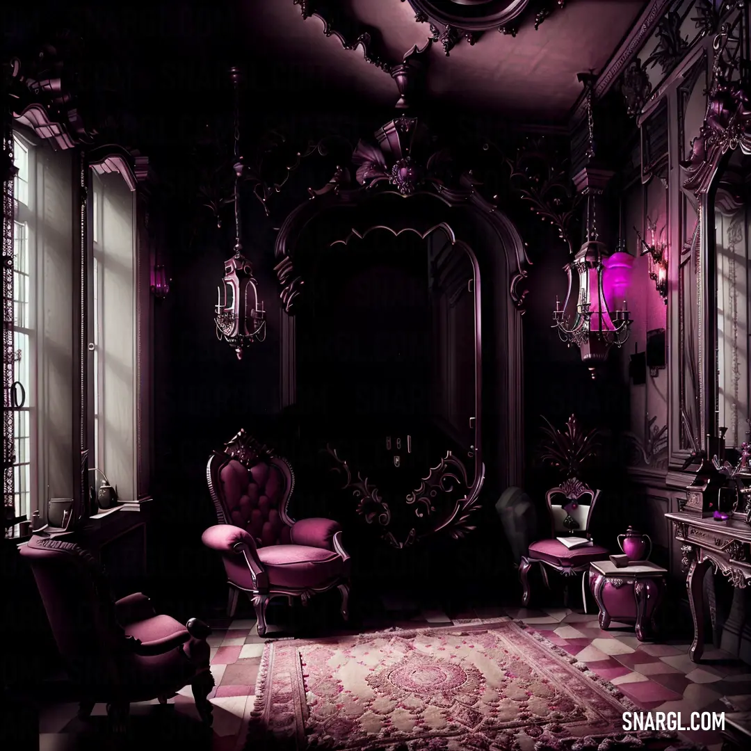 Room with a mirror, a chair and a rug in it with a pink light on the floor. Example of #FF00FF color.