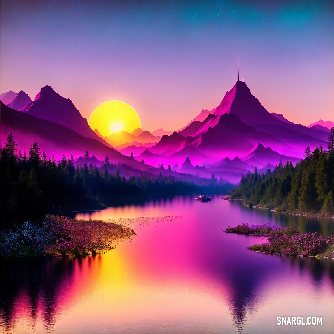 Painting of a mountain lake with a sunset in the background and a pink sky