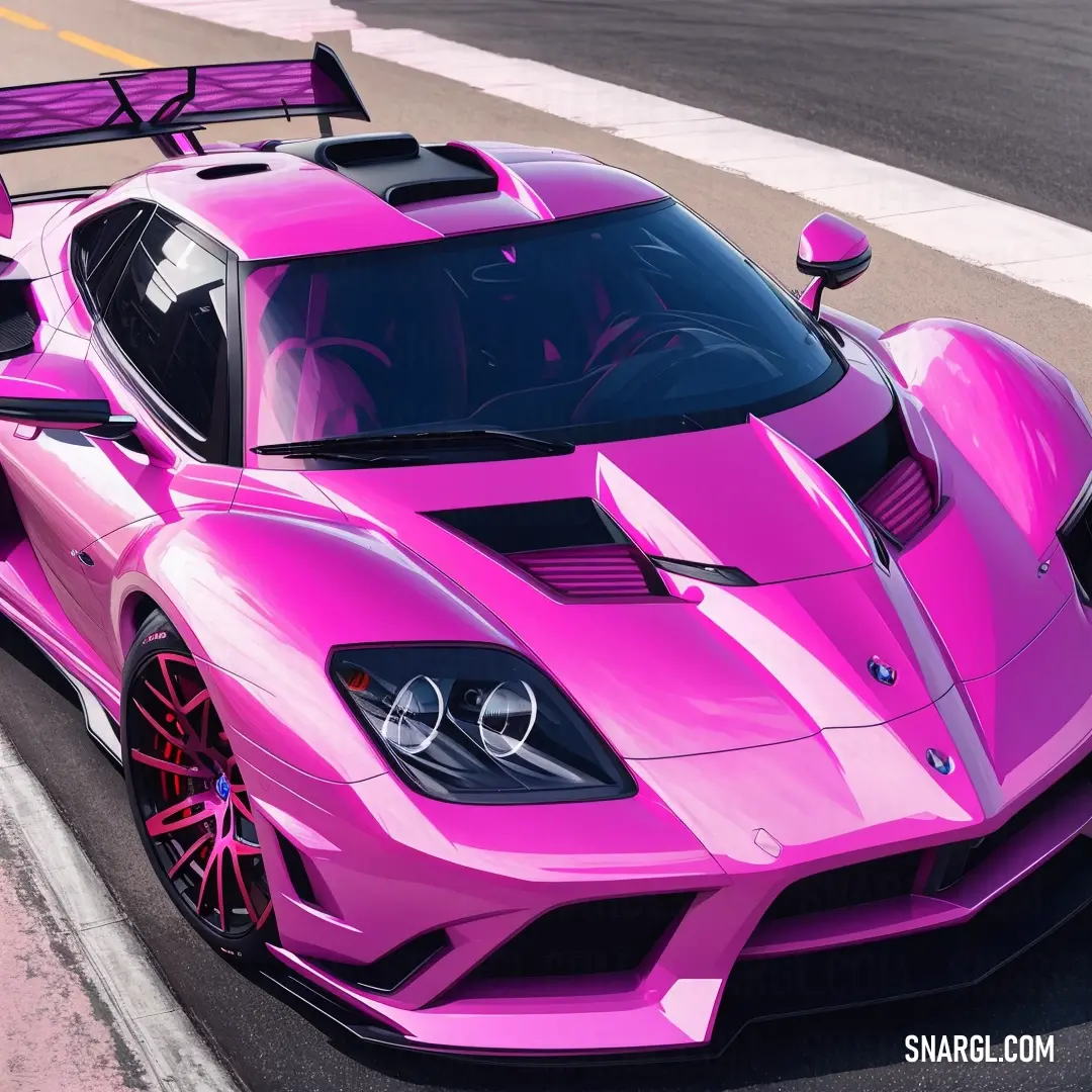 Pink sports car driving down a race track with a bench in the background
