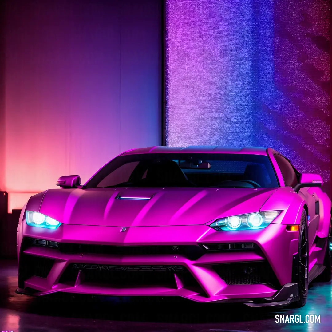 Pink sports car is parked in a room with purple lighting on the walls