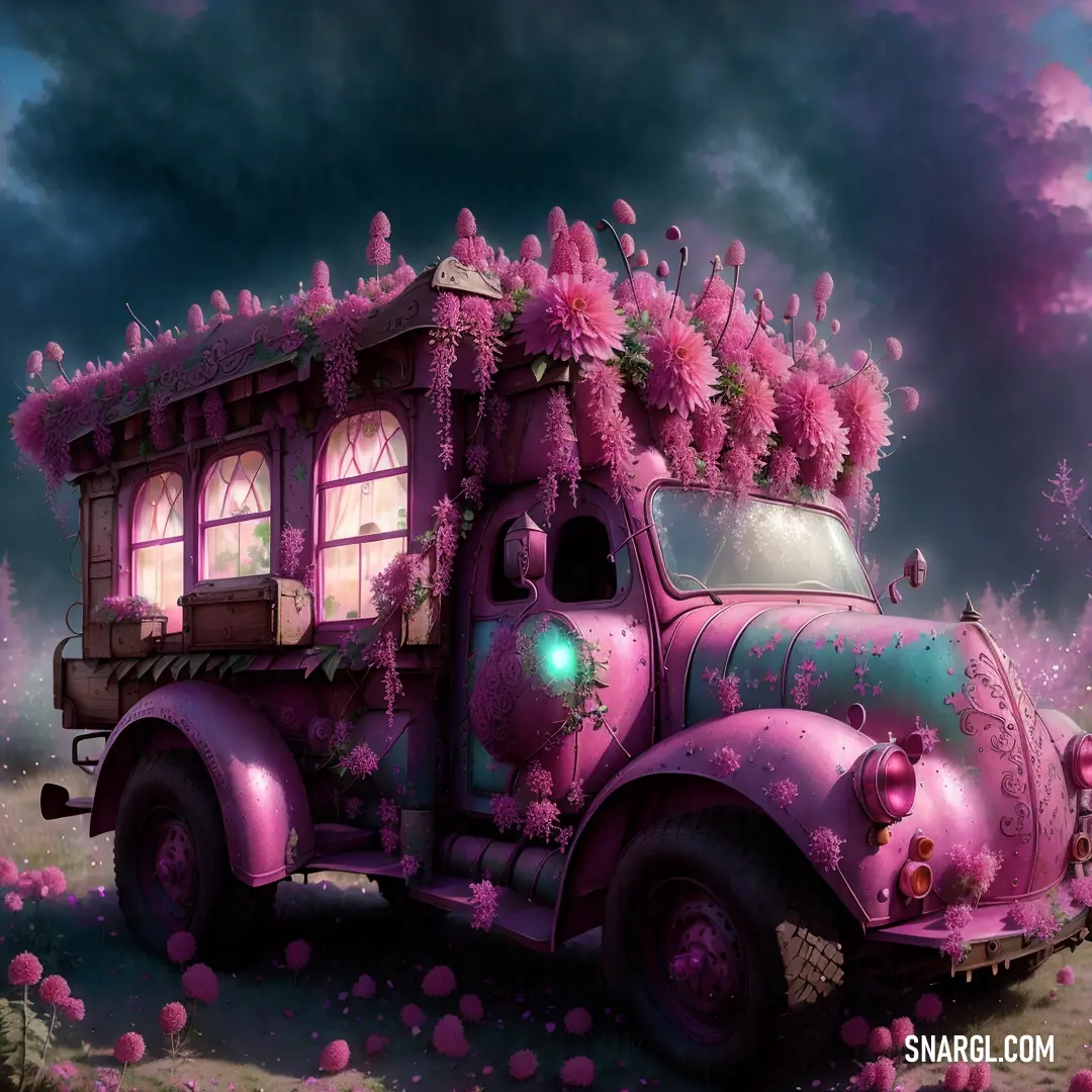 Pink truck with a bunch of flowers on the back of it's cab is parked in a field