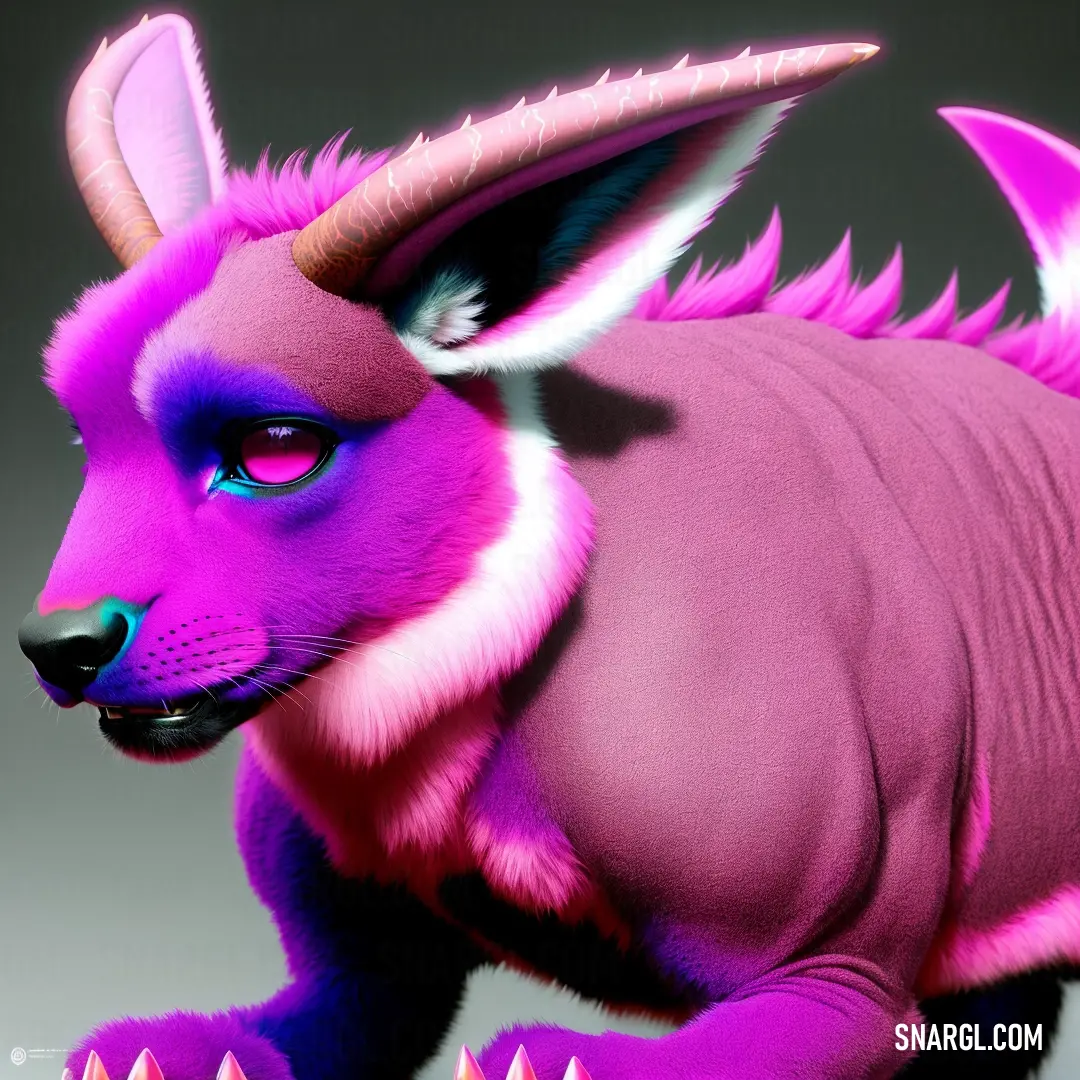 Purple and black animal with horns and spikes on its head and tail