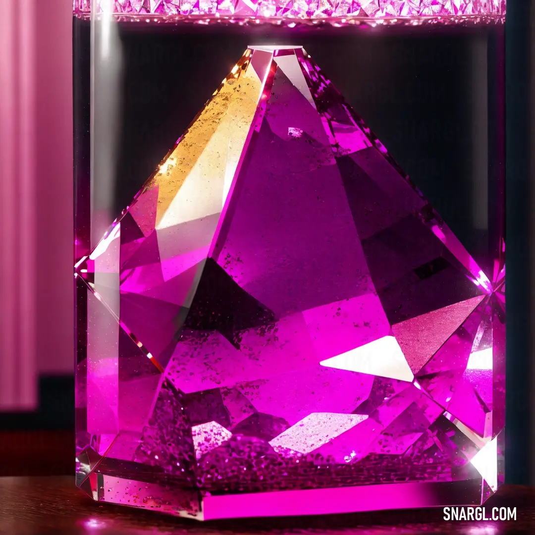 Purple crystal pyramid with a pink background and a pink light behind it