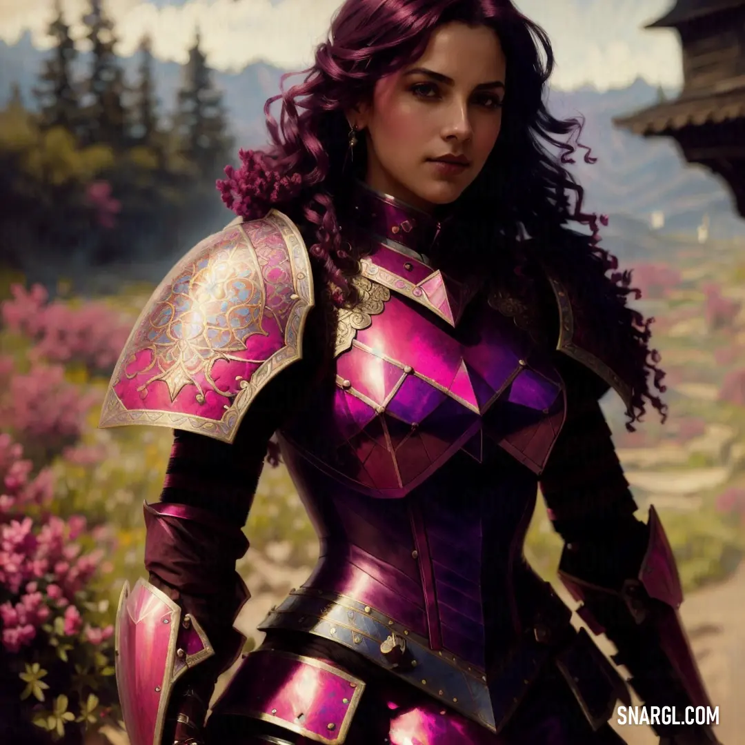 Woman in a purple armor standing in a field of flowers with a castle in the background