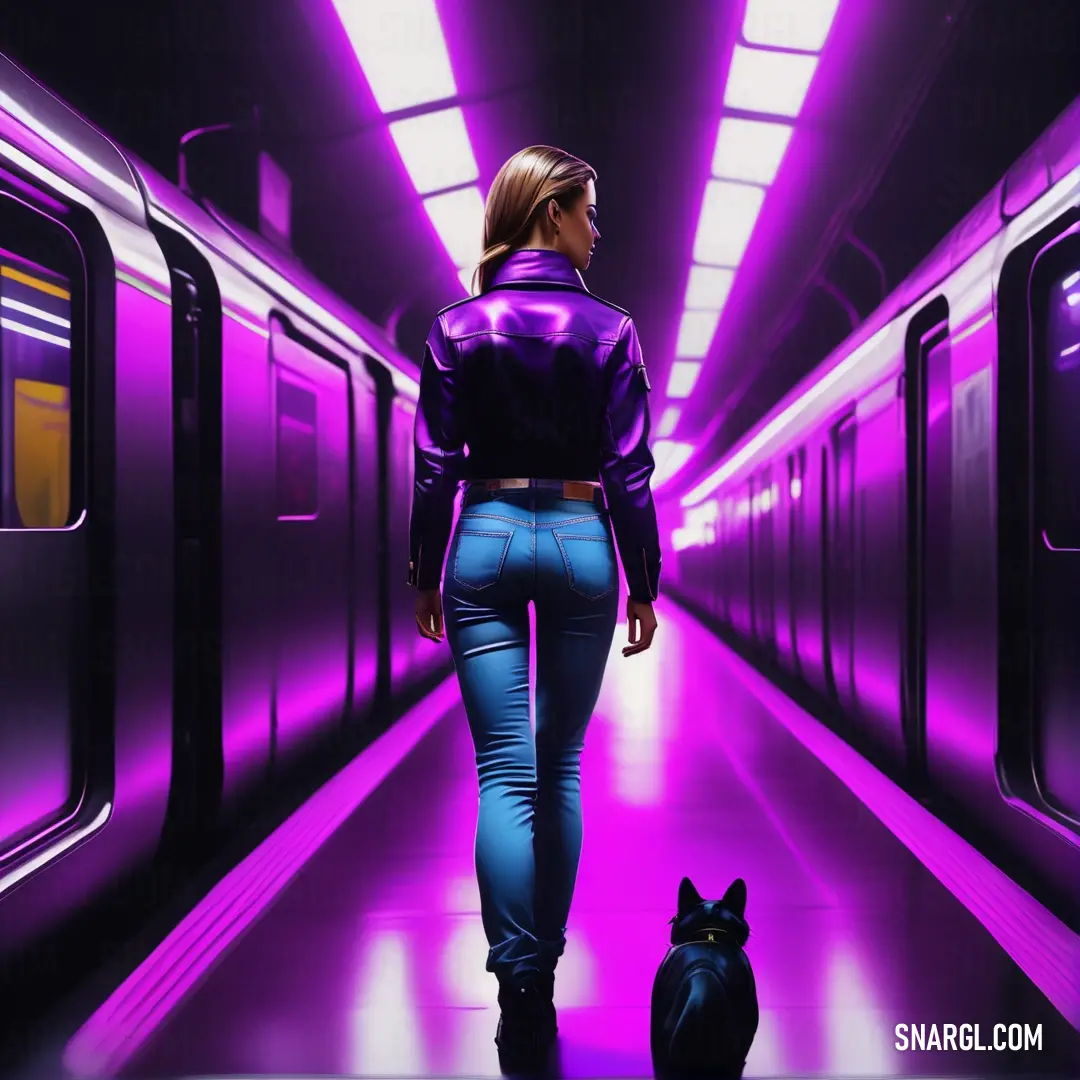 Woman walking down a purple tunnel with a dog nearby on a leasher in a purple tunnel