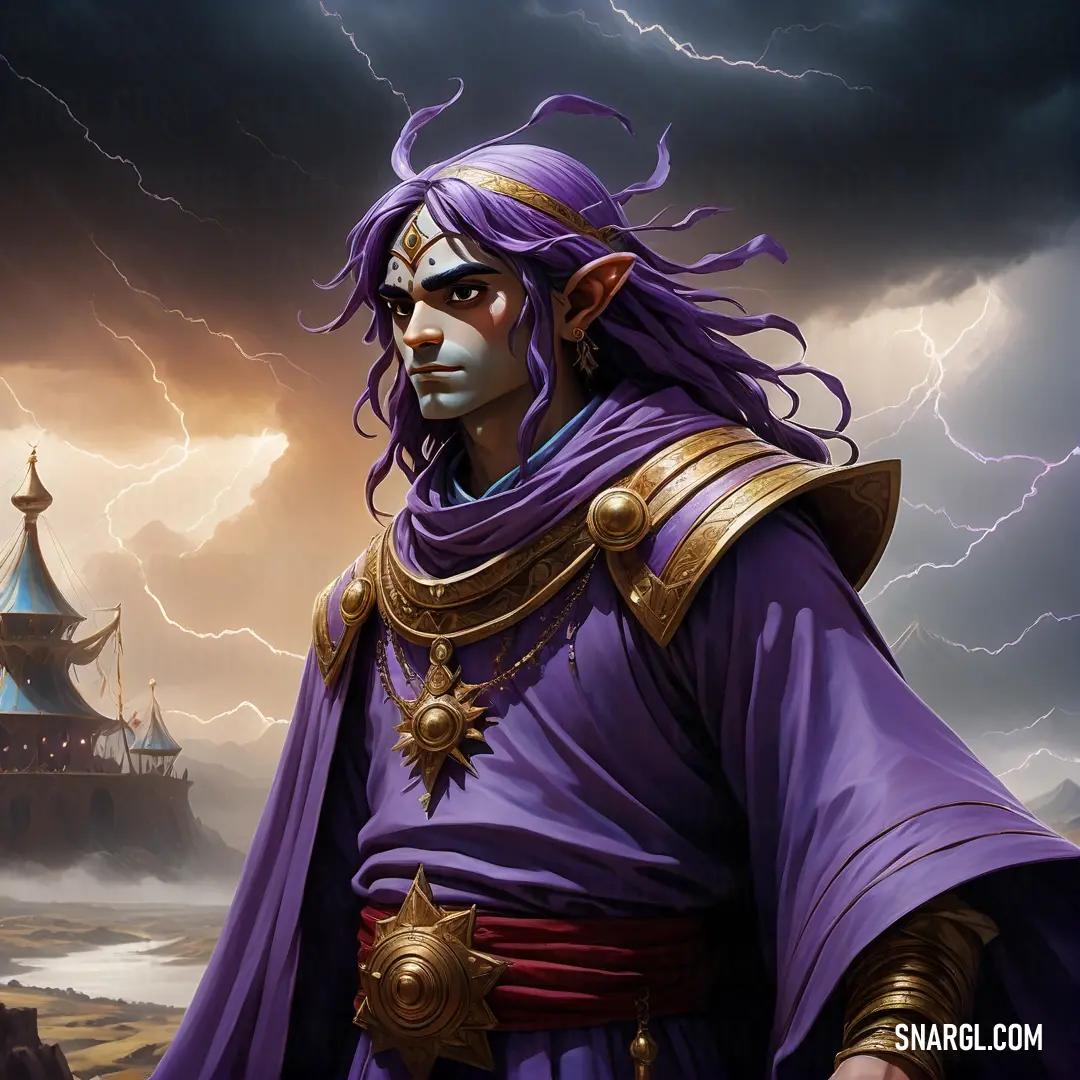 Magi in a purple outfit standing in front of a castle with lightning in the background