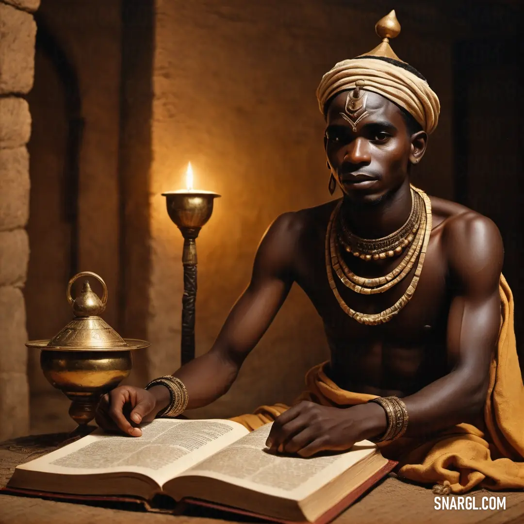 Magi in a turban at a table with a book and a candle in front of him