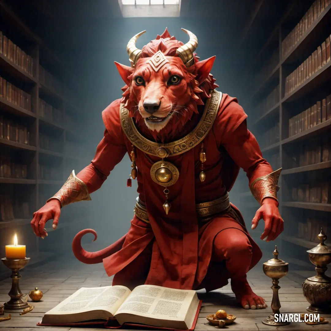 Red Magi is in a library with a book and a candle in front of him