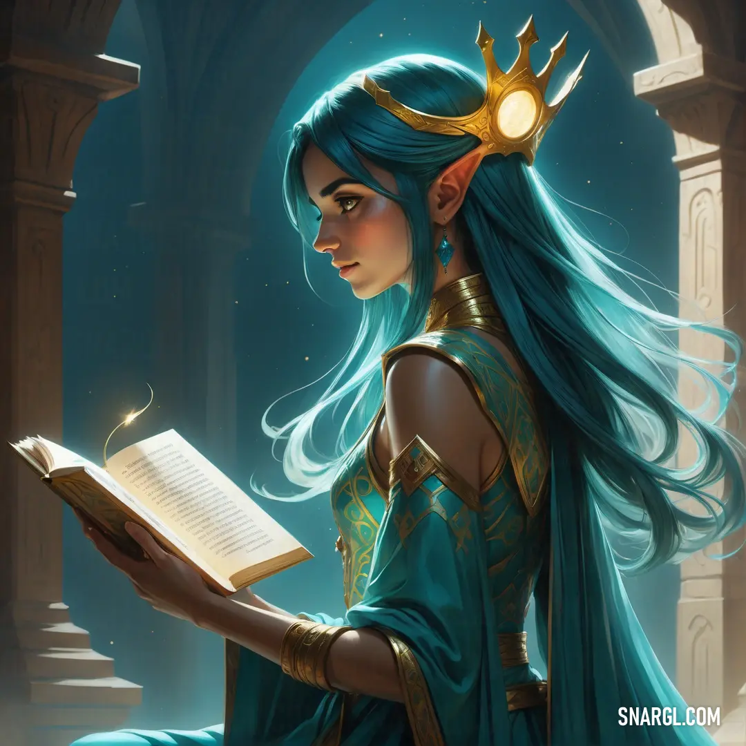 Magi with blue hair and a crown holding a book in her hands