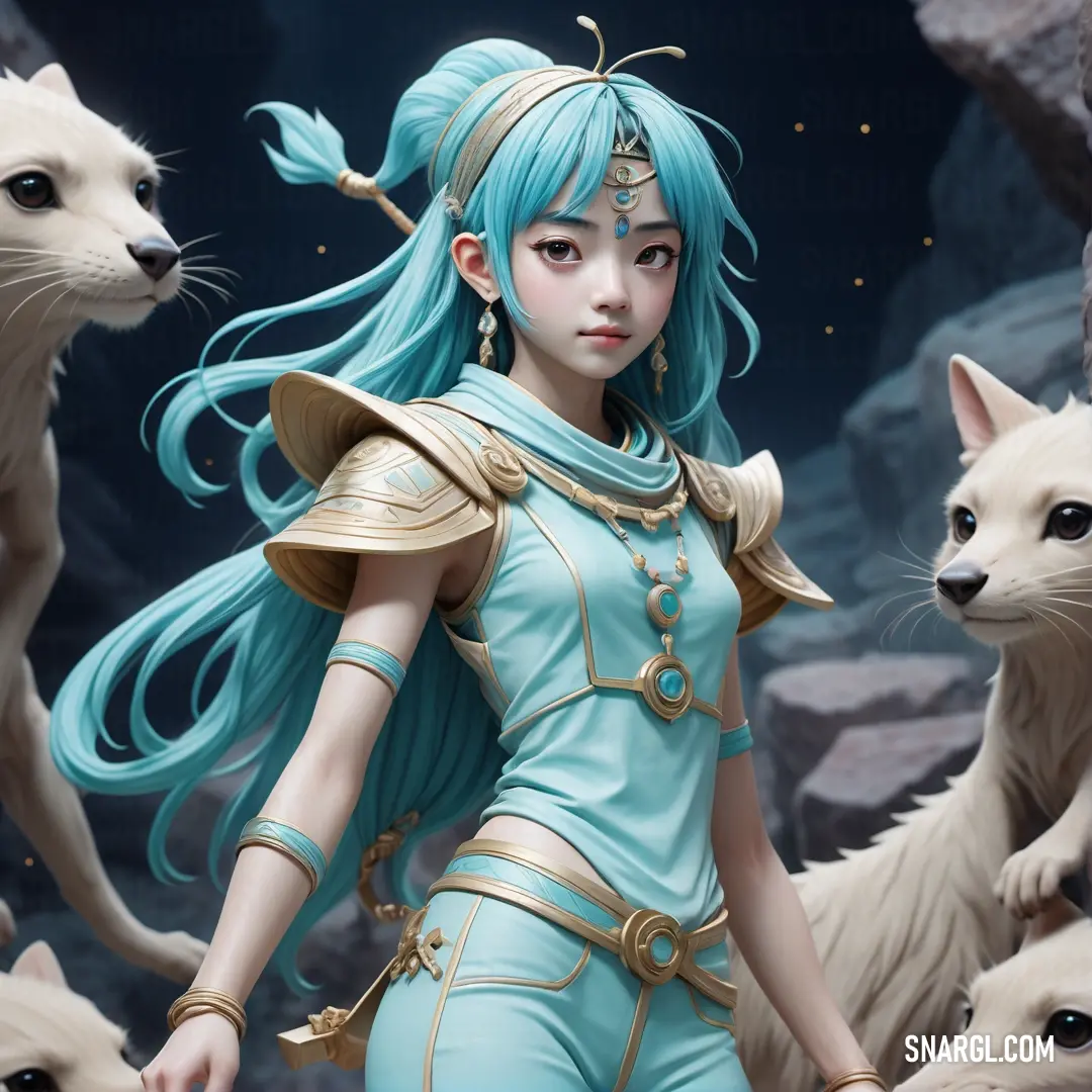 Magi with blue hair and a cat in front of her is surrounded by cats and a cave of rocks