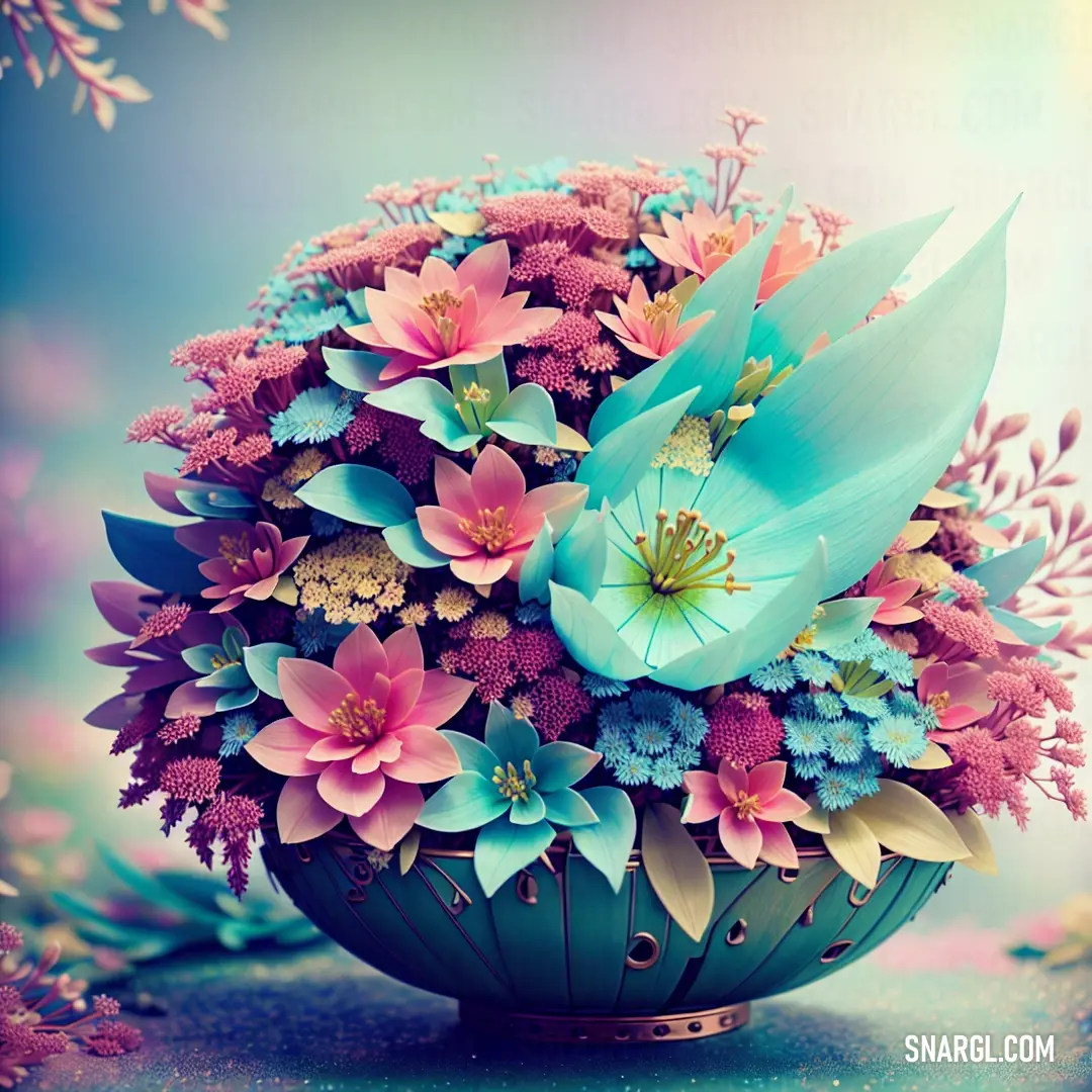 Blue vase filled with lots of flowers on top of a table next to a wall of flowers and leaves