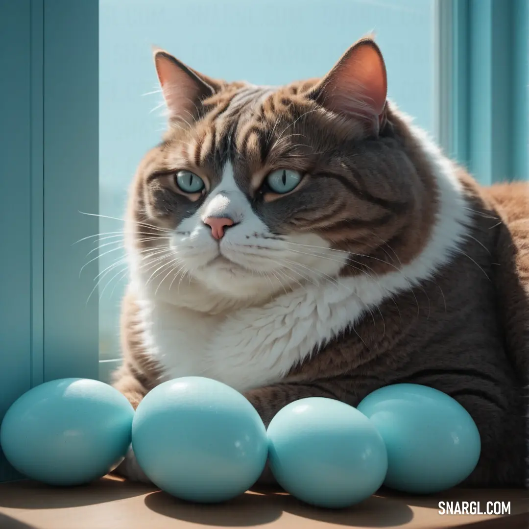 Cat on a table next to blue eggs and a window sill with a blue sky background. Example of RGB 170,240,209 color.